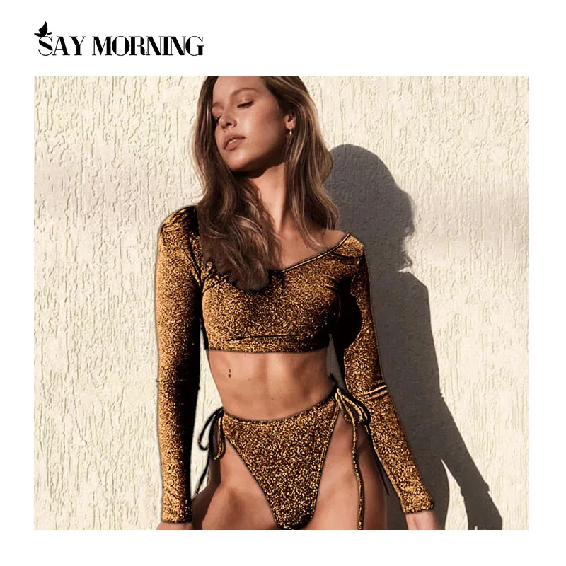 SAY MORNING сексуальный купальник с длинными рукавами блестящее бикини комплект из