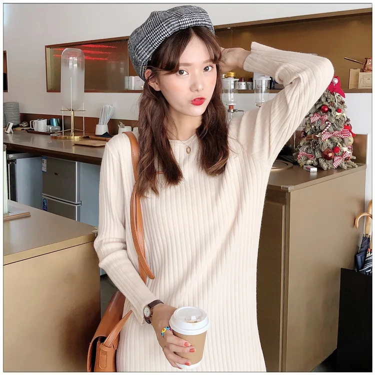 

Autumn Clothes Women New Crew-Neck Long Sleeve Slim Fit Straight Knee Length Dresses for Ladies Casual Knitted Kobieta Sukienka