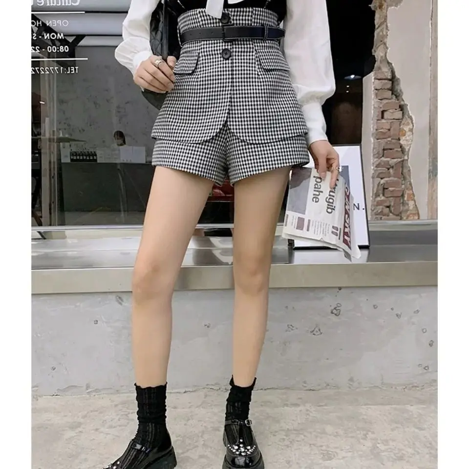 

High Waist Plaid Multi-pocket NEW Shorts Women Fashion Chic Short Wide-leg Pants Casual Retro Ladies Bottom Shorts Regular