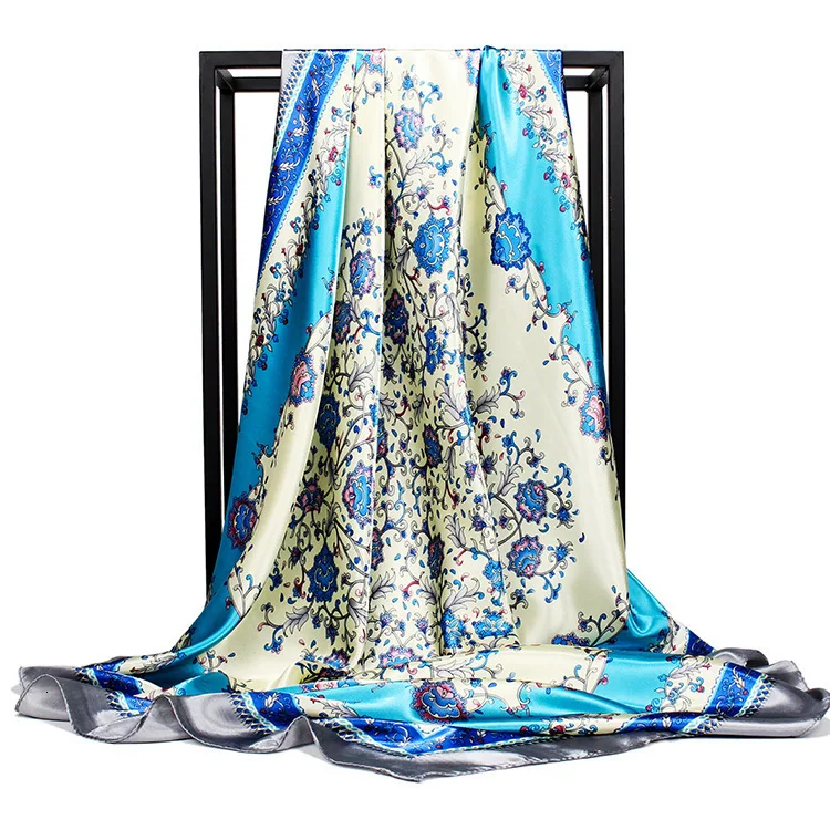 100% шелковый квадратный шарф Женский сине-белый Шелковый женский с фарфоровым