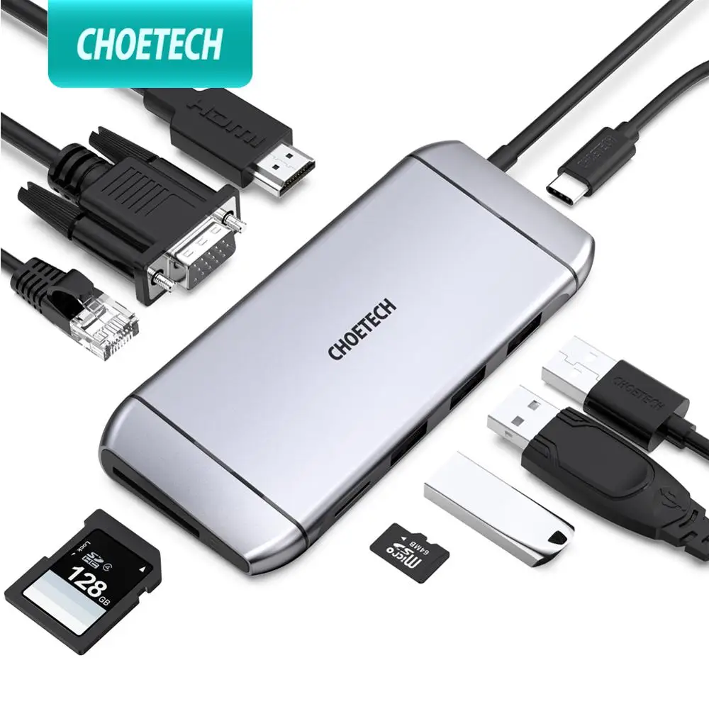 

CHOETECH 9 In 1 USB C PD 100W Adapter To HDMI VGA RJ45 SD TF Card Reader for MacBook Notebook Smartphone Expansion Converter