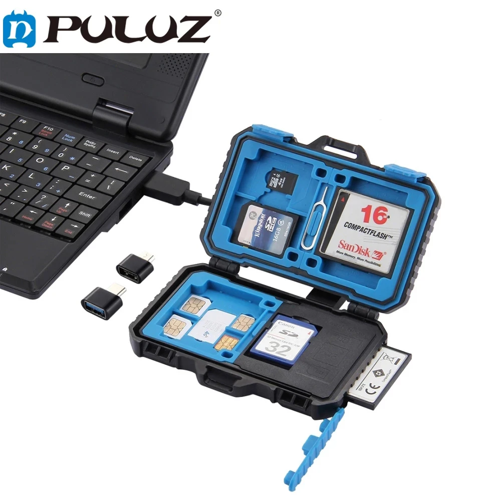 

PULUZ Memory Card Case USB 3.0 SD CF TF Reader + OTG Fuction 9/22/27 Slots Waterproof SD CF TF SIM Cards Storage Case Holder