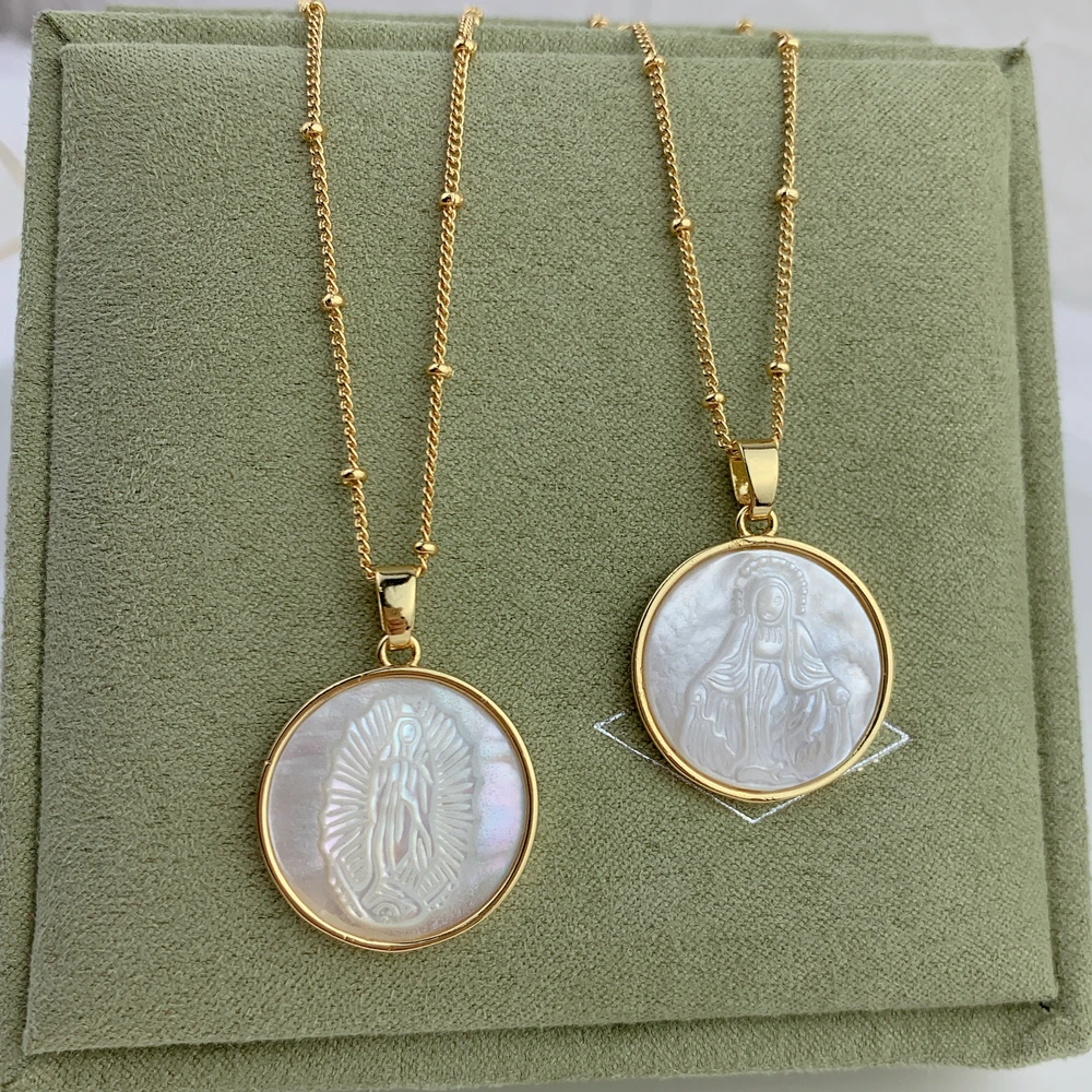 Fashion Mother of Pearl Shell Round Medal Guadalupe Virgin Mary Pendants Necklace For Women Choker Necklac 2021 Luxury Jewelry