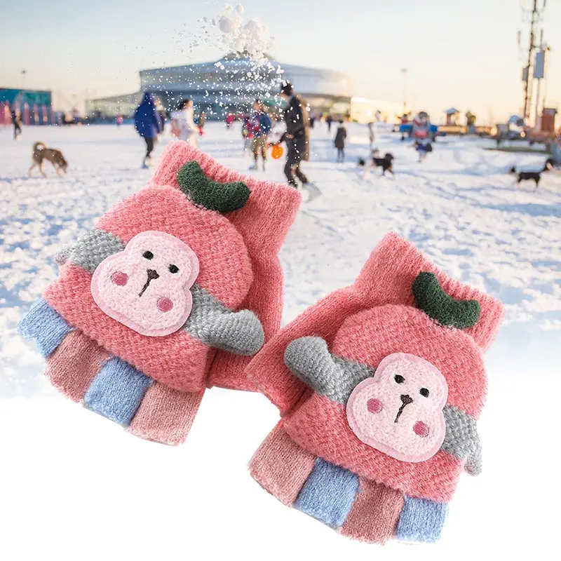 

Cute Cartoon Baby Gloves Winter Knitted Wool Infants Mittens Thicke Warm Gloves Children Half Finger Mittens Bike Cycling Gloves