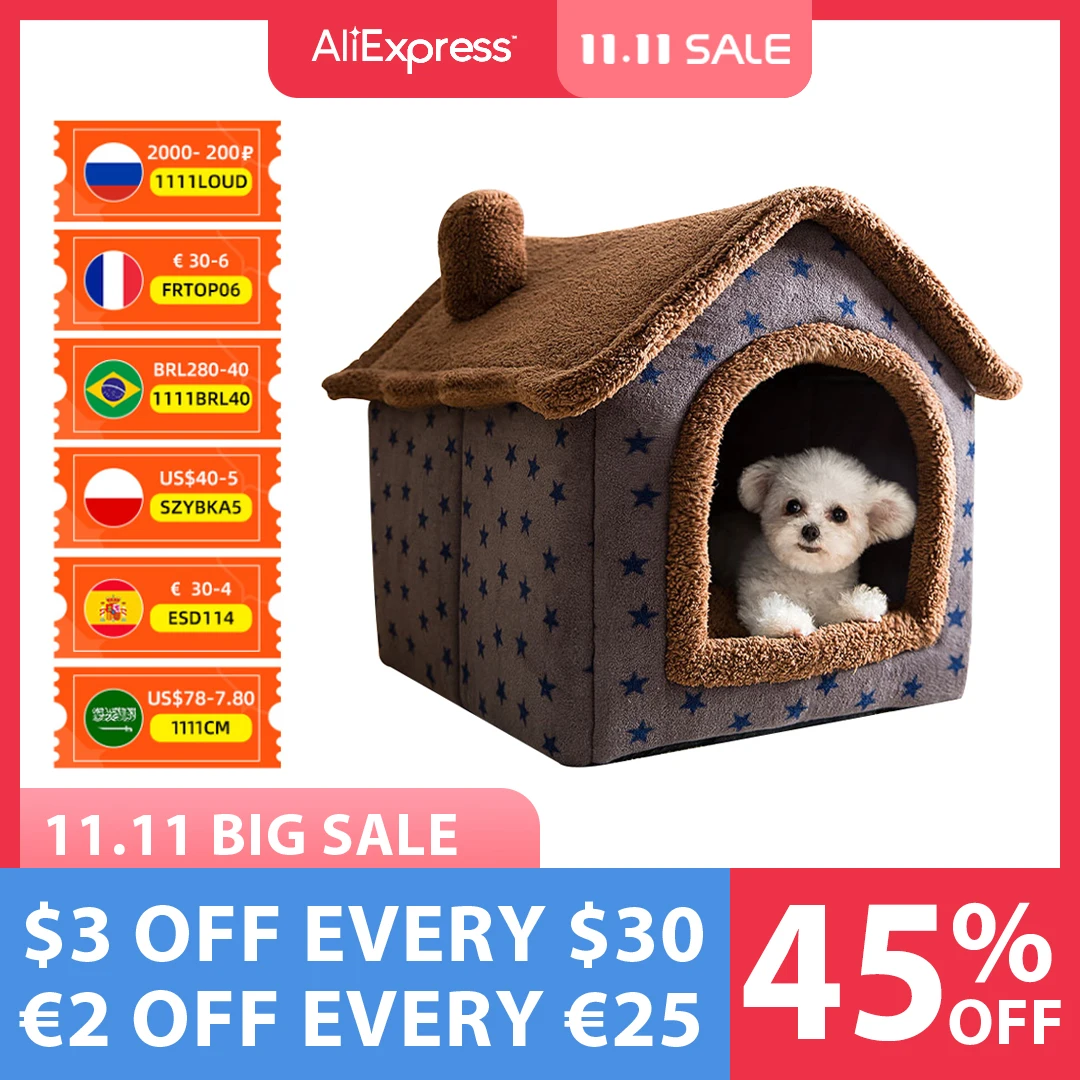 Домик для собаки мягкая кровать питомца палатка закрытый теплый плюшевый домик