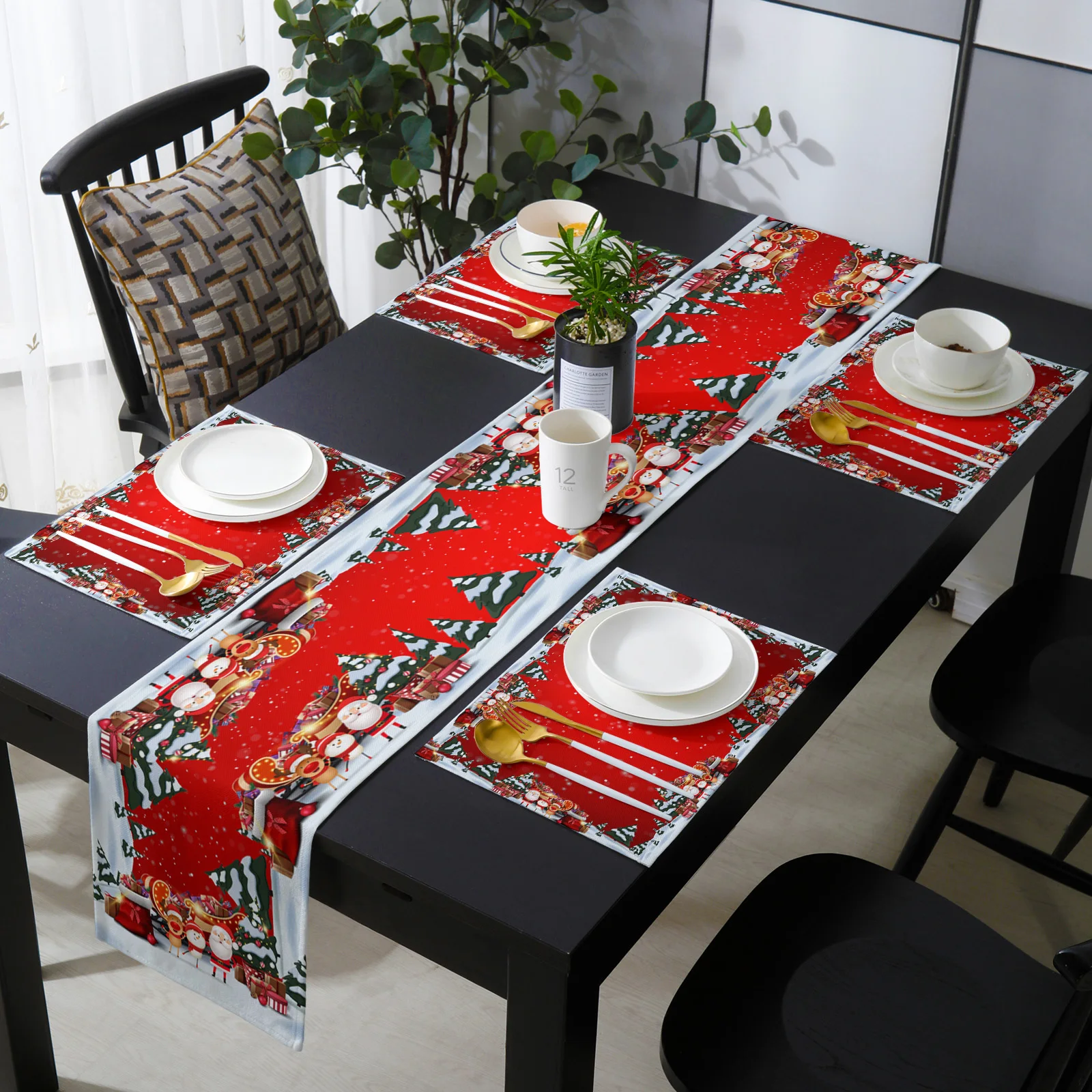

Christmas Tree Santa Claus Elk Gift Table Runner and Placemat Set Wedding Table Decor Table Runner Christmas Decor Tablecloth