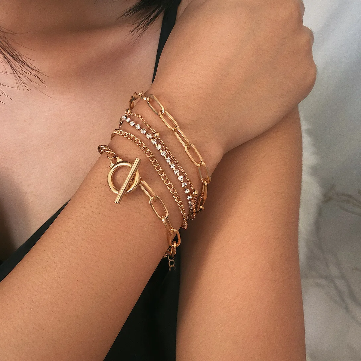 

Multilayer Luxury Stainless Steel Chains Bracelets For Women Punk Rhinestone Pendants Bracelet Jewelry Sets Gift For Friends