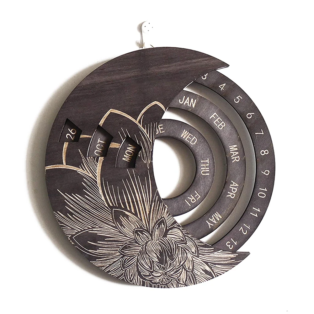

2021 Wooden Calendar Adjustable Perpetual Wall Calendar Rotatable Circular DIY Hand-Carved Calendar Retro Home Decoration