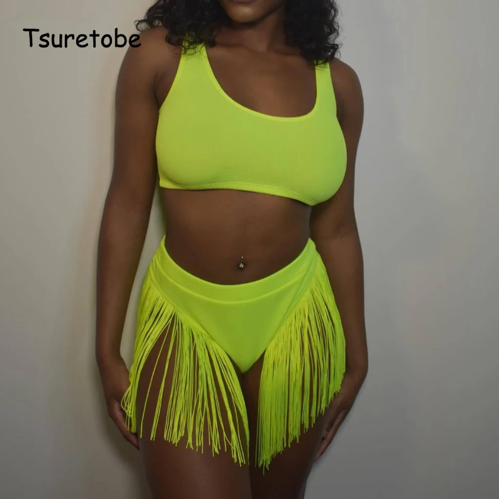 

Комплект из двух предметов Tsuretobe с кисточками, Женский пикантный короткий топ без рукавов, облегающие шорты с высокой талией, летняя пляжная...