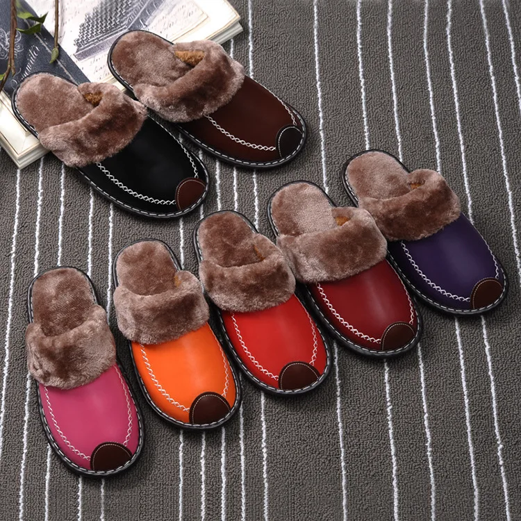 

Winter Man Slippers Indoor Waterproof Leather Home Slippers Short plush unisex Cozy Female slippers Man winter shoes Big size 44