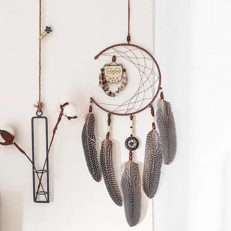 Подвесной Ловец снов с перьями деревянная сова Настенный декор подвесное