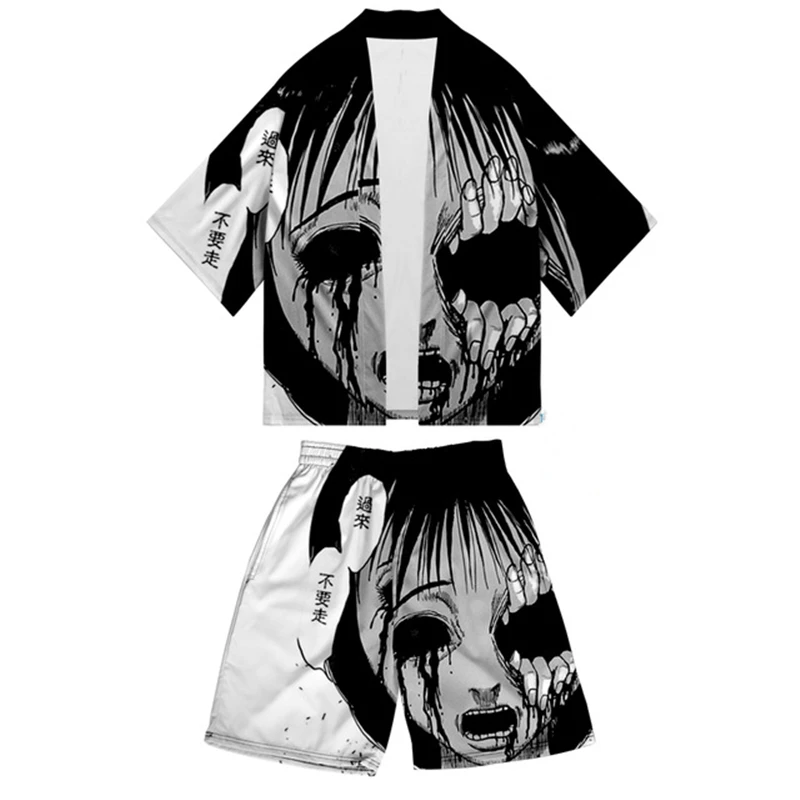 

Кимоно в японском стиле аниме, хаори юката с 3d принтом джундзи Ито, летняя уличная одежда с коротким рукавом для женщин и мужчин