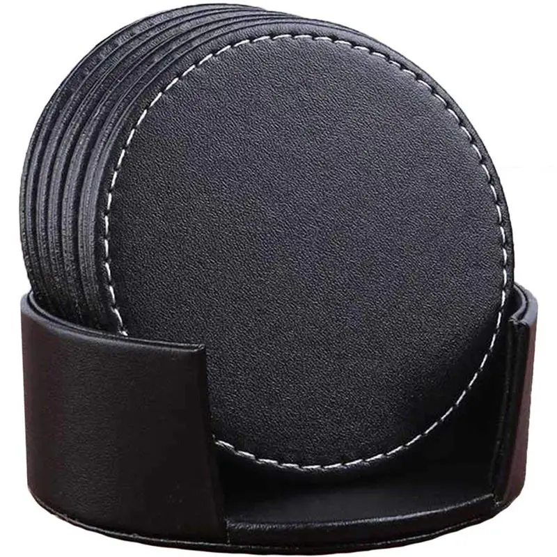 

6 Pcs/ Set Creative Tea Coasters Leather Drink Coasters Round Cup Mat Pad for Home and Kitchen Use Black Color