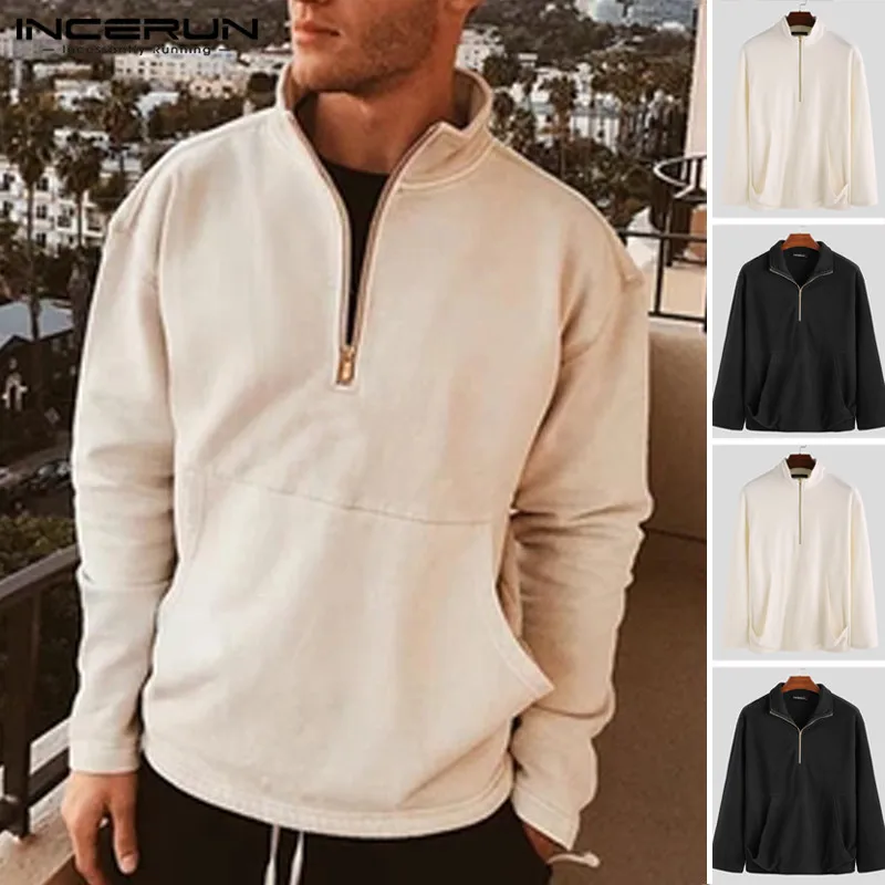 INCERUN Для мужчин с длинным рукавом твердых пуловер карманами Повседневное молнии