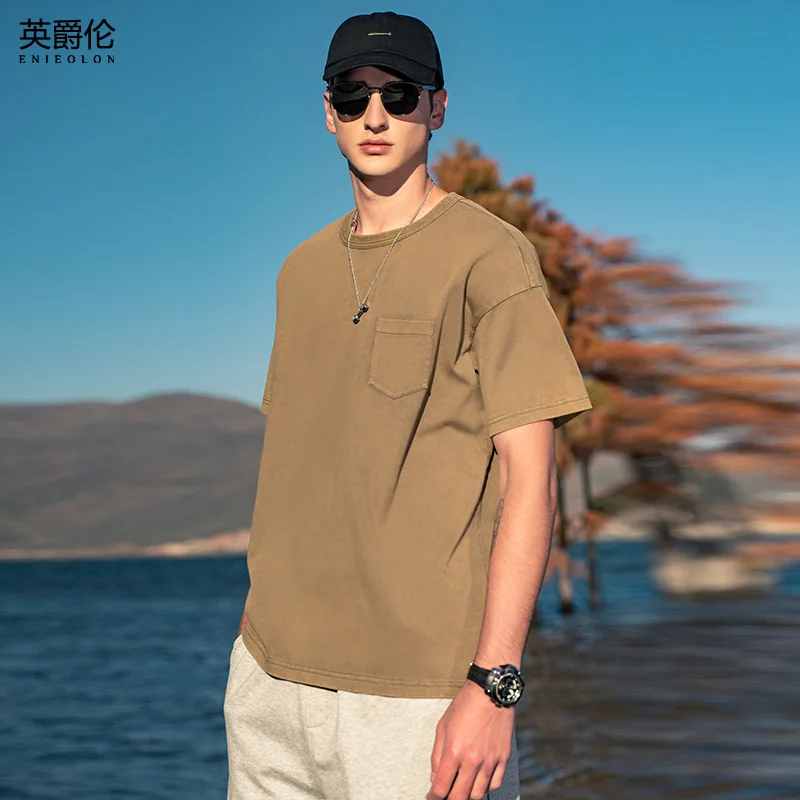 

Enjeolon 2021 Summer New Men Short Sleeve T-shirt Casual Retro fabric 100% Cotton O-neck Tshirts Male Tops Tees T8776