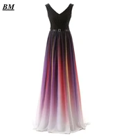 2021 sexy v neck gradient chiffon prom dresses beaded sequined long ombre formal evening dress party gown vestidos de gala bm06
