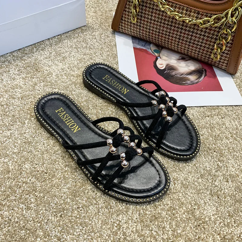 

Fashion Casual Suede Women's Slippers Fashion Beaded Decorative Women's Slippers Summer Party Flip-flop Women's Shoes