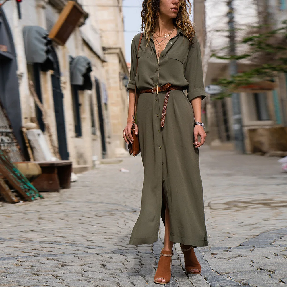 

New Fashion Women's Causal Style Loose Long Sleeve Solid Color Single-breasted Button Long Shirt dress