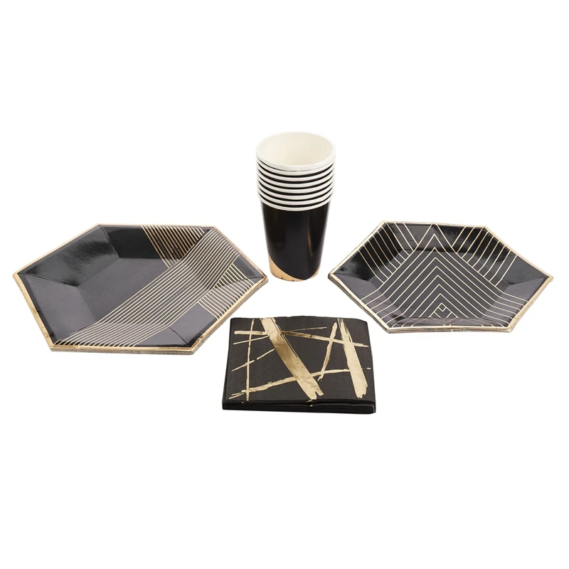 

Одноразовая посуда из черной серии с золотым блокировкой, салфетки, чашки, украшения на день рождения, свадьбу, новый год