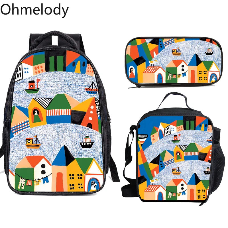 brazil illustration prints children 3pcs school backpacks insulation cooler lunch box pencil case lovely schoolbag kids bookbag free global shipping