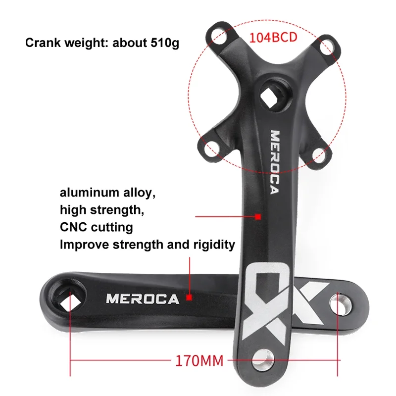 MEROCA Bicycle Crank Chainwheel 104BCD MTB Bike Crankset Aluminum Alloy with Bottom 170mm Crank Black 32/34/36/38/40/42T Plate