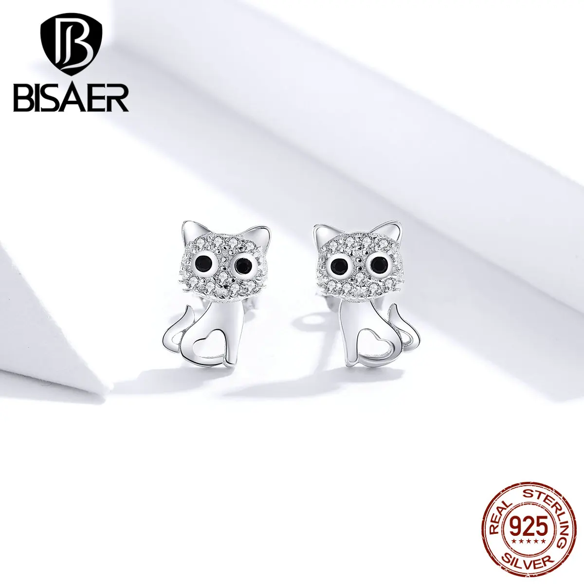 Кошачьи ювелирные изделия BISAER,, 925 пробы, серебро, кубический циркон, маленькая кошечка, киска, изысканные серьги-гвоздики для женщин, ювелирные изделия ECE797
