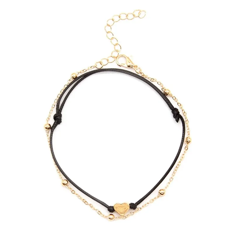 

Double Ankle Chain Heart Pendant Black Leather Rope Anklet Fashion Foot Jewelry Bracelet On The Leg Anklets