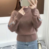 2021 new fall winter womens embroidery sweaters brown jumper woman elasticity pullover turtleneck white knitted sweater femme