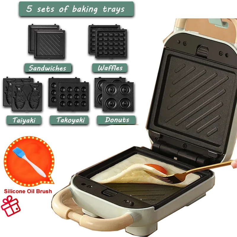 

Electric Sandwich Maker Waffle Maker Toaster Donuts Baking Multifunction Breakfast Machine Takoyaki with Silicone Oil Brush