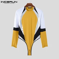 comfortable loungewear mens long sleeved stretch onesies color blocking incerun stitched sleeves triangle jumpsuits s 5xl 2021