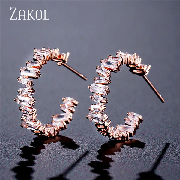 Rose Gold Color Модные женские серьги-обруч с камнем из кубического циркония ZAKOL AAA, модные свадебные аксессуары FSEP2174 - Окраска металла: Rose Gold Color