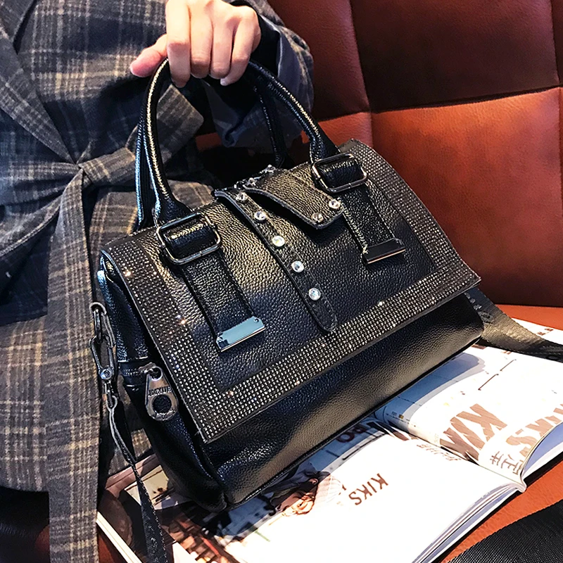 

Split Leather Rhinestone Women's Bag New Large Capacity Handbag Tote Cusual Black Shoulder Crossbody Bolsa Rivet Ladies Bag