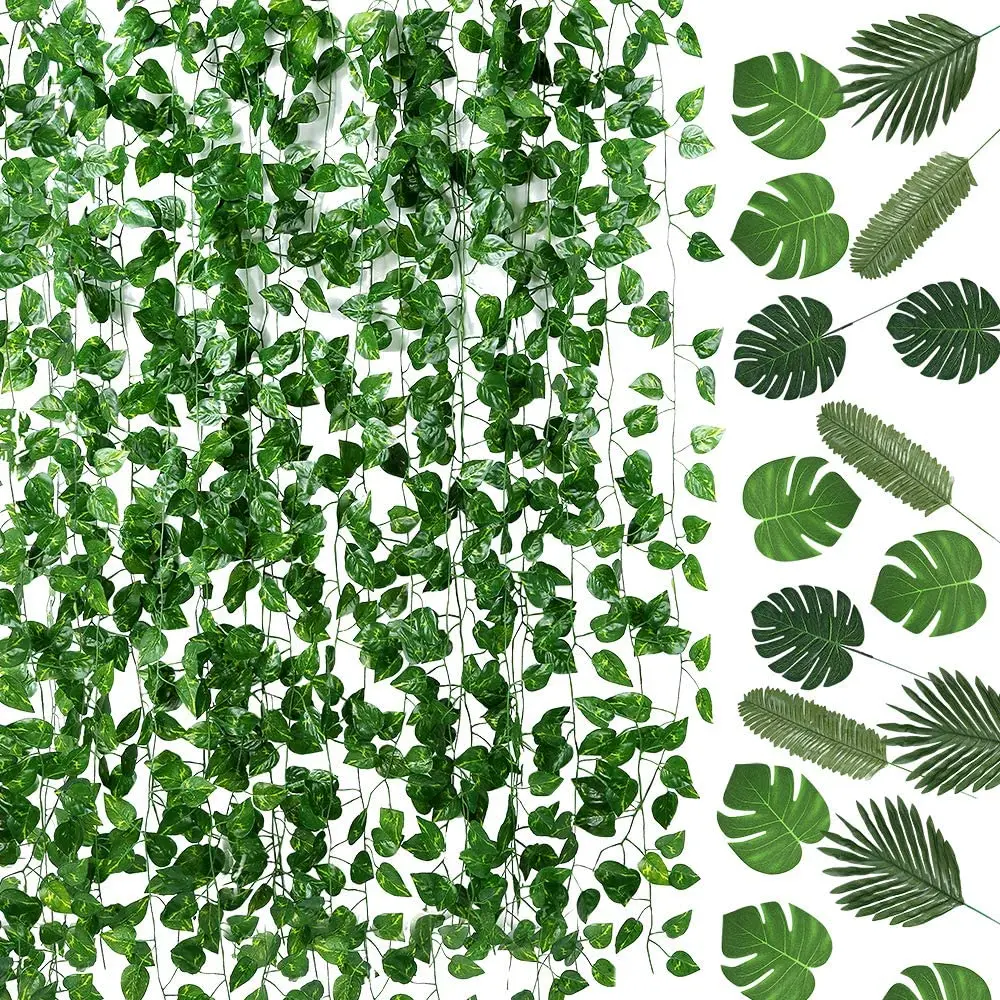 

93 FT 12 Strands Artificial Ivy Leaf Plants Vine Garland and 24 Pieces Artificial Palm Leaves