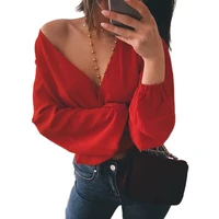 women new backless sexy cross deep v neck tops back tied long sleeves solid color pullover ladies female bandage party clothing