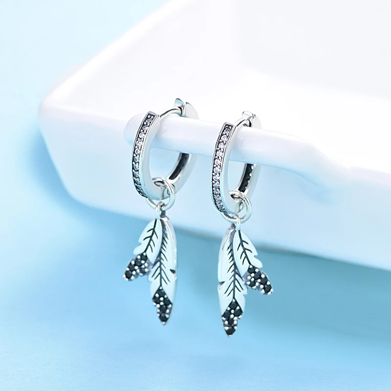 

StrollGirl 925 Sterling Silver Indian tribe feather Stud Earrings Clear & Black stone earrings for Women fashion Jewelry Gift