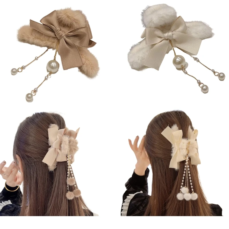 

C6UD Large Bowknot Hair Claw Clips with Pompom Tassel Decors Hair Catch Barrette Jaw Clamp for Women Half Bun Hairpins