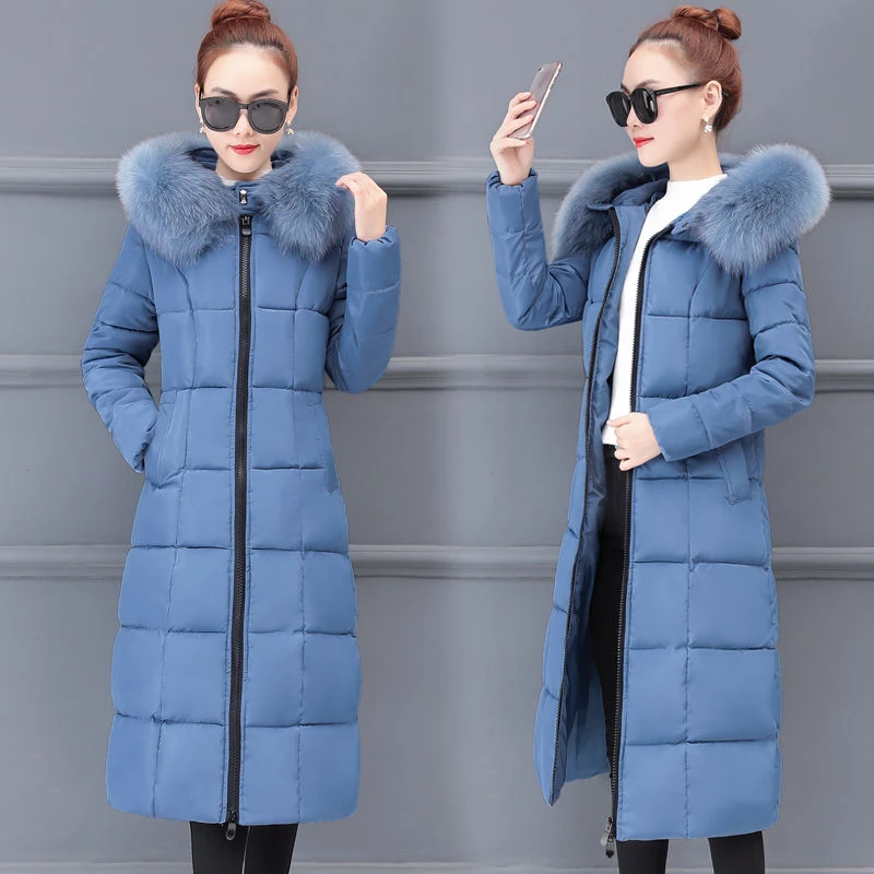 

Elegant Big Imitate Fox Fur Collar Hat Over-knee Thickened Winter Jacket Women Ukraine Parka Manteau Femme Hiver Warm Long Coat