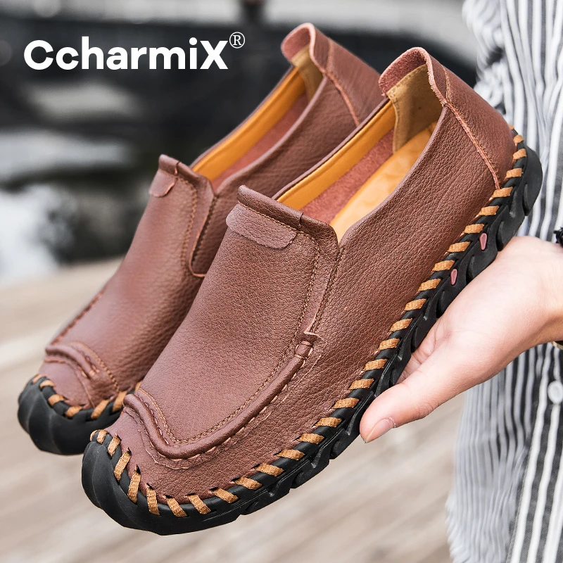 CcharmiX Men's Leather Casual Shoes Genuine Leather High Quality Men Loafers  Classic Shoes For Men One-legged Casual Shoes
