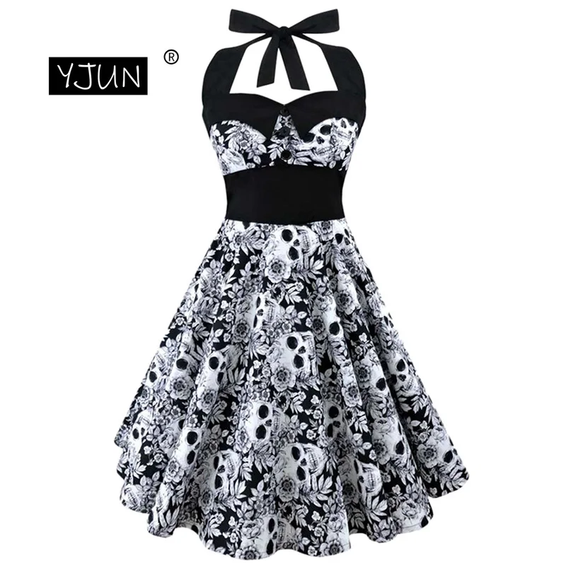 Женское платье 5XL размера плюс с цветочным принтом черепом и открытыми плечами