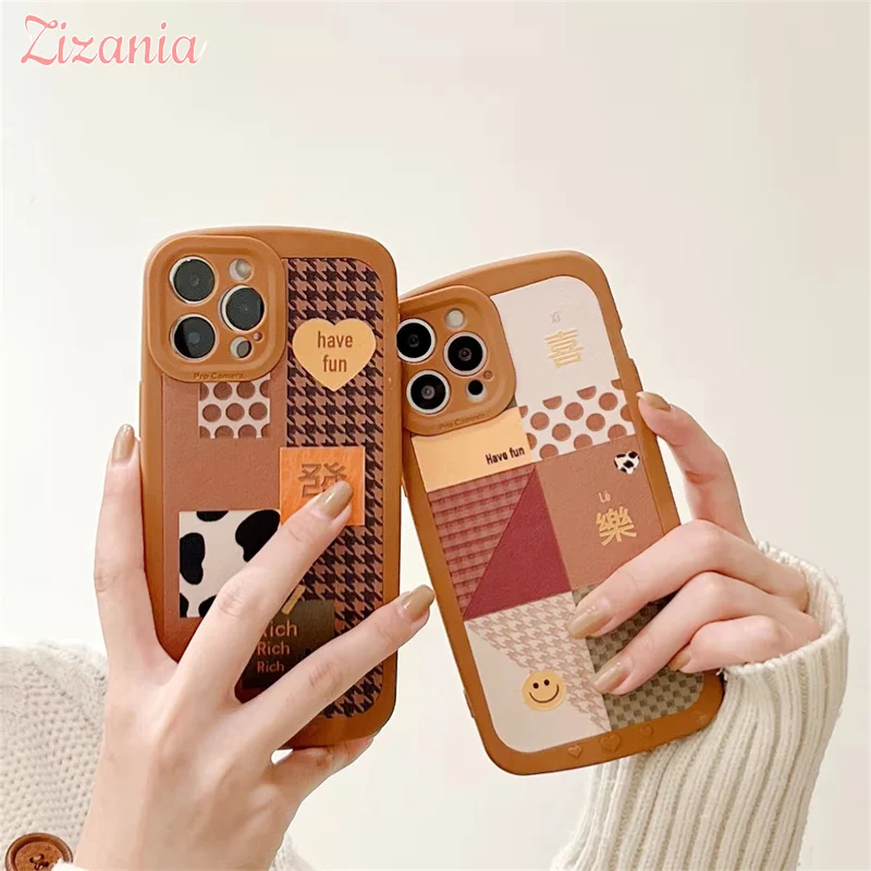 

Lovely Fashion Lattice Smiley Brown Soft Phone Case For iPhone 13 12 11 Pro XS Max X XR 7 8 Plus Cover Girl Cute Sweet Hot Sale