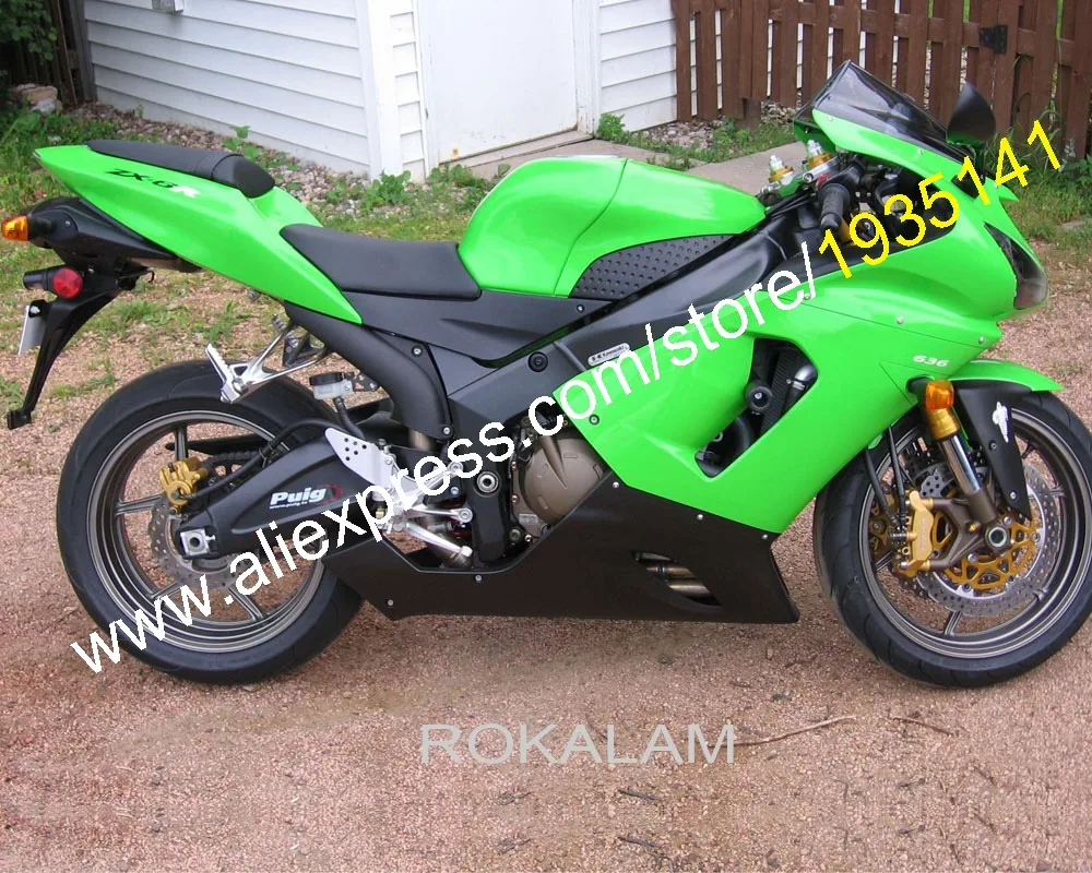 

Обтекатель для мотоцикла Kawasaki Ninja 2005 2006 ZX6R 05 06 ZX-6R 636 ZX 6R, комплект обтекателей зеленого и черного цвета (литьё под давлением)