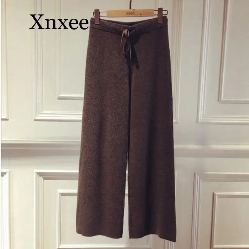 cashmere camel pants female Autumn Winter soft waxy comfortable pure knitted wide leg Casual Loose Knitted women | Брюки