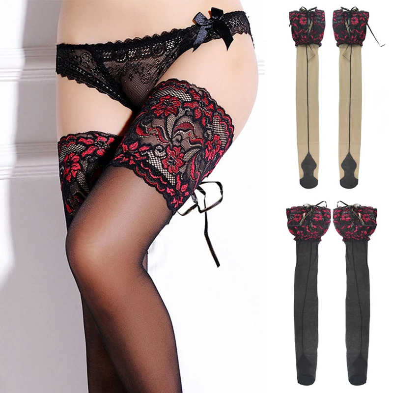 

Sexy Women Fishnet Stockings Heel Back Seam Stockings Ladies Wide Lace Flower Silicone Bandage Thigh High Stockings