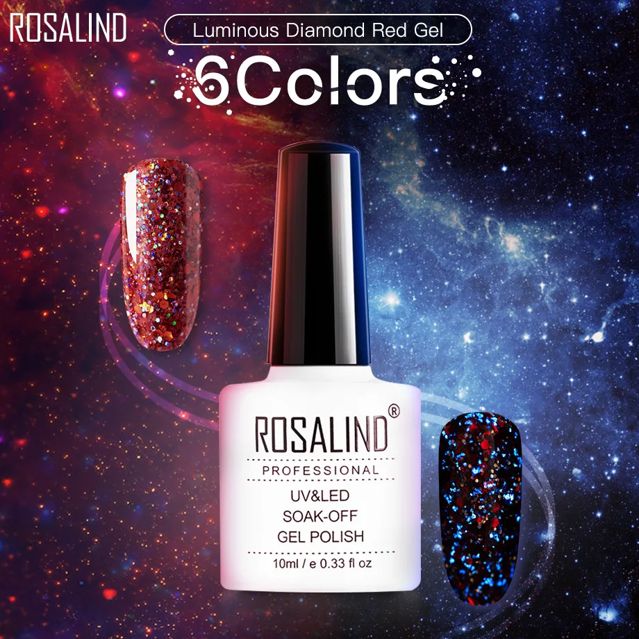 ROSALIND Гель лак для ногтей 10 мл светящийся Алмазный Красный Гибридный все маникюра