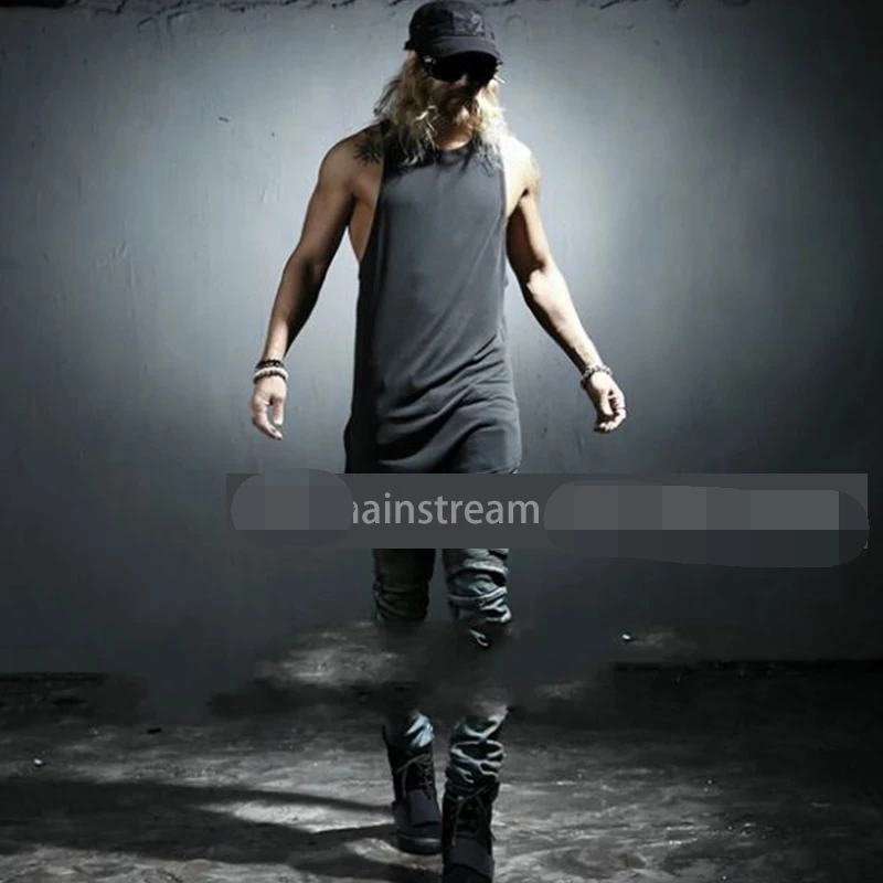 

Men's New Summer Long Bottom Solid Color Trend Double Side Slit Vest Large Size Performance Nightclub Hip Hop High Street
