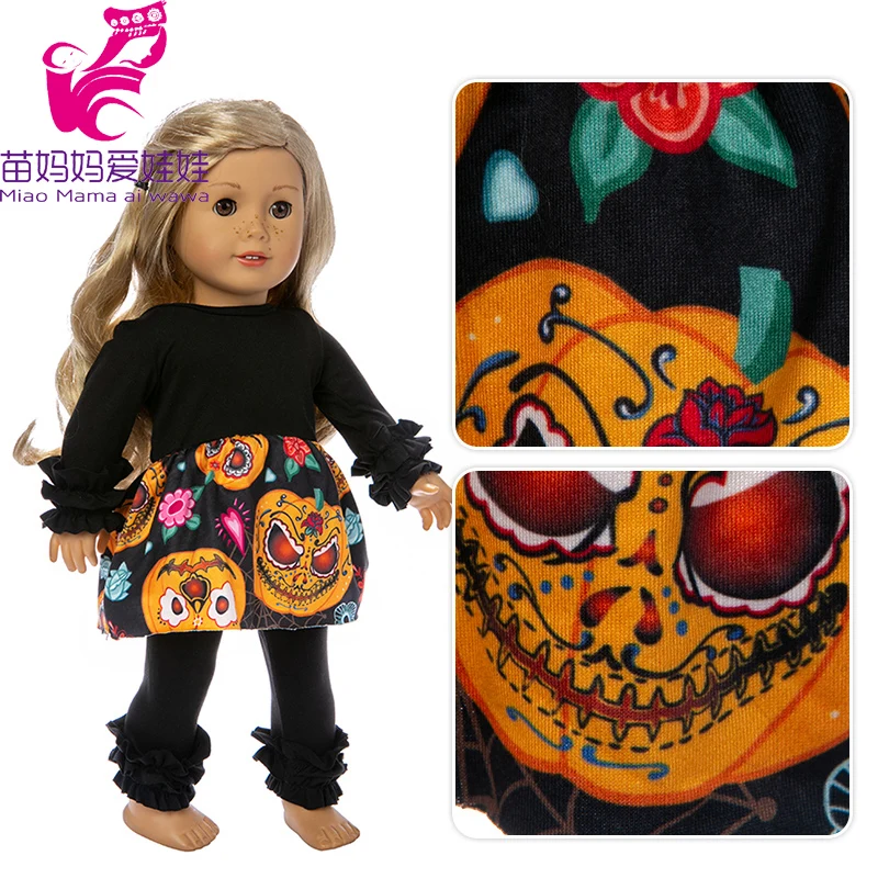 

18 inch girl doll clothes pumpkin Skull Pattern pajama set fit for 43cm baby doll clothes elastic material halloween gift