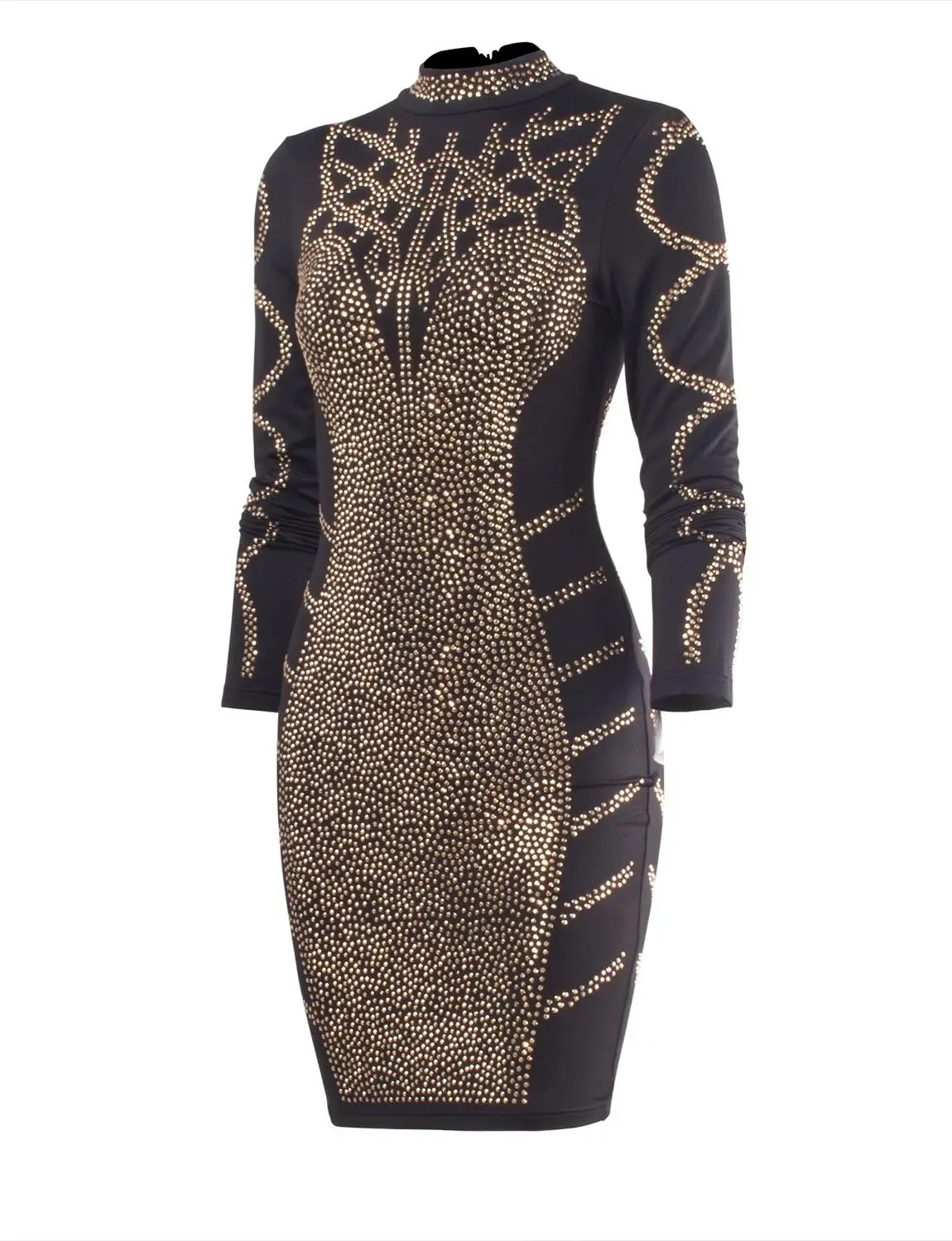 Женское облегающее платье с высоким горлом Золотое мини-платье длинным рукавом и