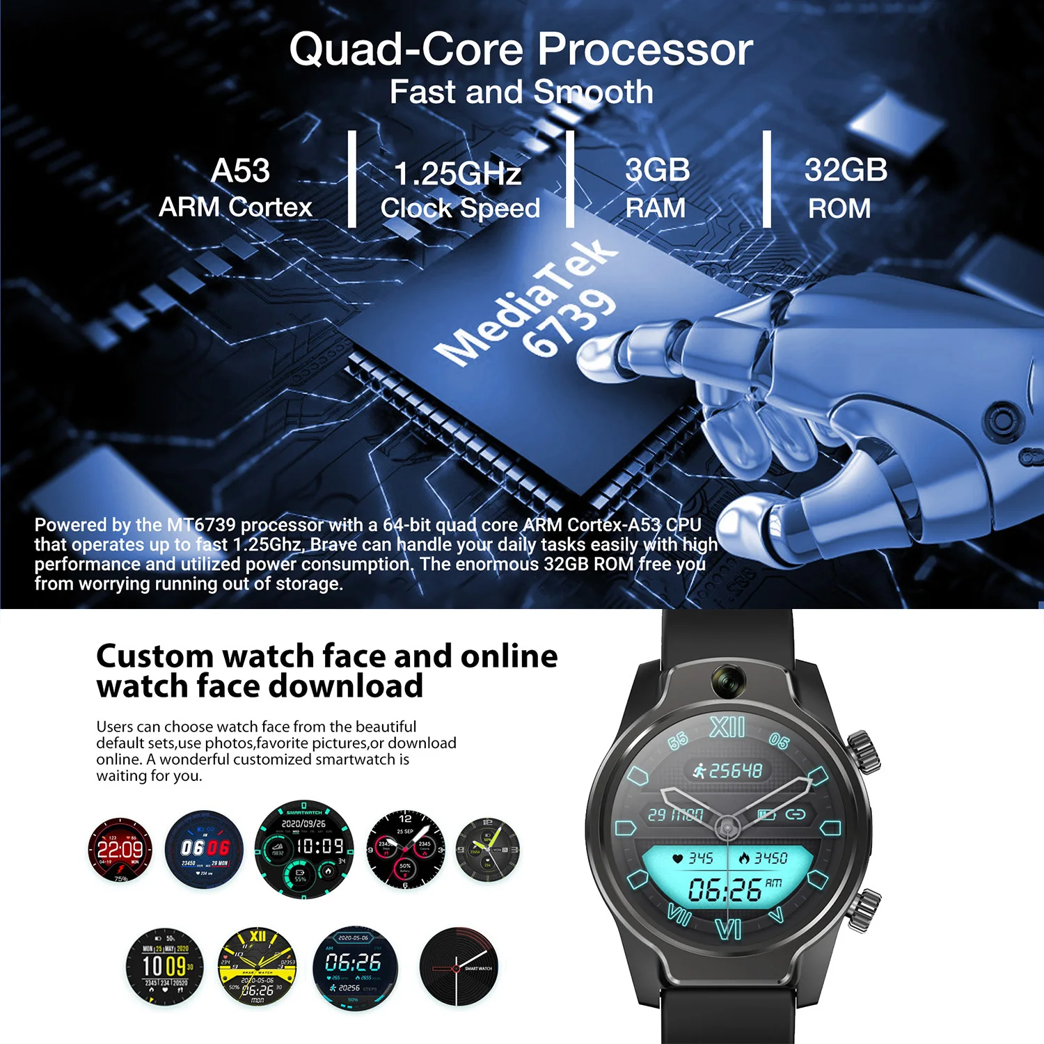 Rogbid Brave 4G LTE Smart Watchs 1.69” IP68 Waterproof 3GB+32GB Video Chat Face Unlock Heart Rate Monitor GPS Smartwatch Men |