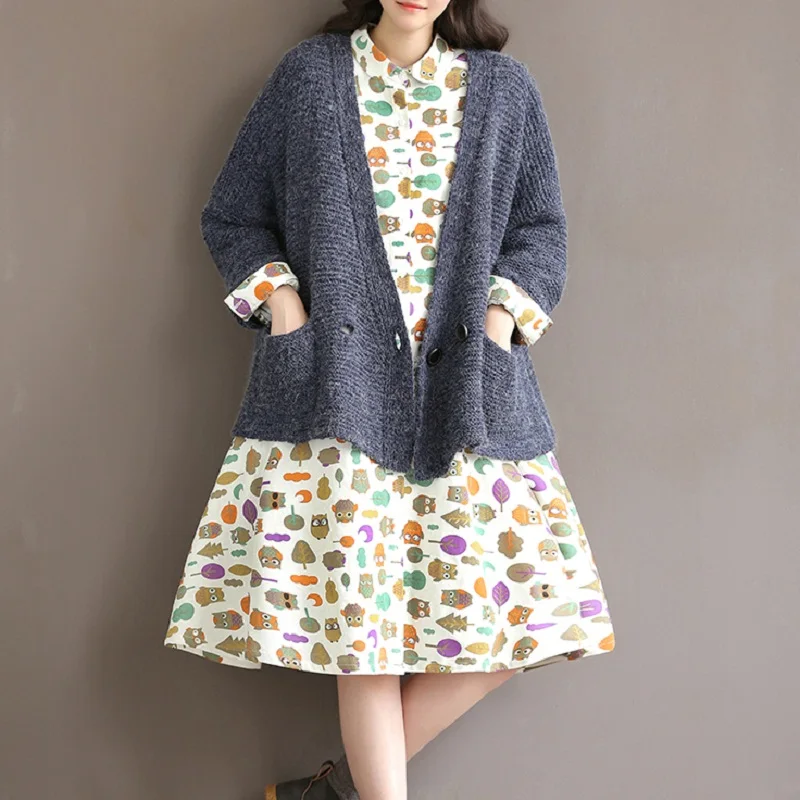 

Mori Girl Spring Autumn Women Sweet Dress Peter Pan Collar Cartoon Printed Female Vestidos Cotton Linen Full Sleeve Casual Dress