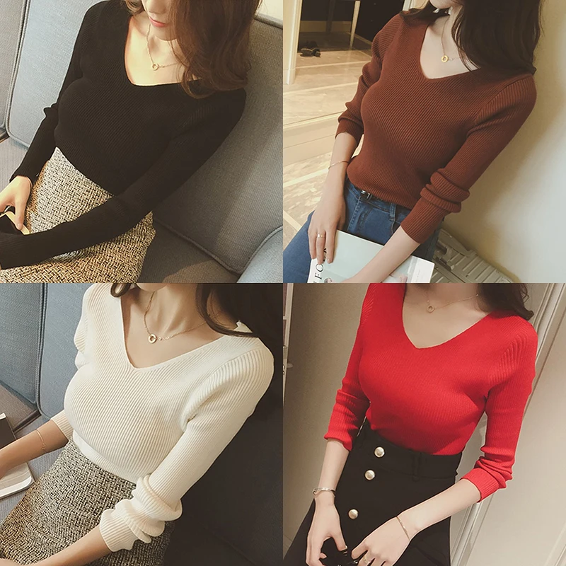 Трикотажные Модные женские свитера осень 2019 свитер с v-образным вырезом Зимние